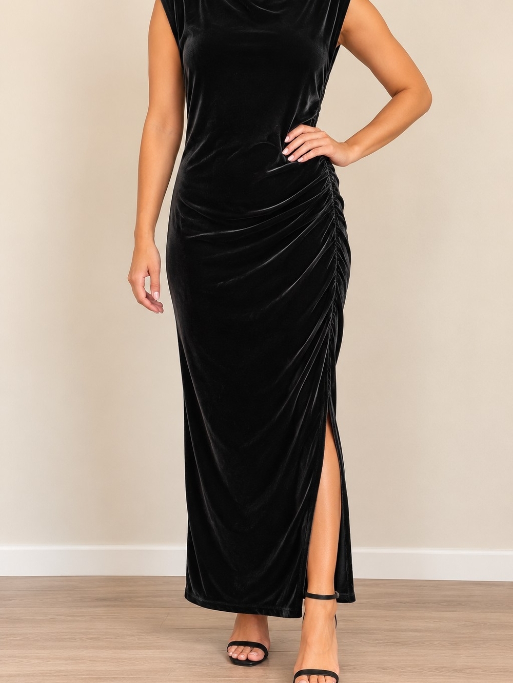 NWT A New Day Black Velour Maxi Dress Sleeveless Bodycon Side Slit L